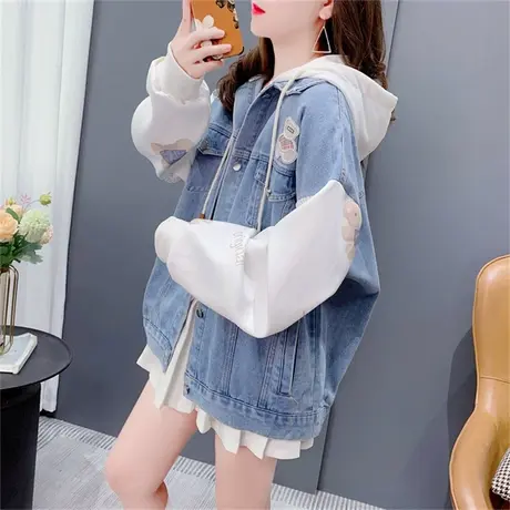 设计感卫衣拼接牛仔外套女秋季2023年新款宽松假两件休闲夹克上衣商品大图