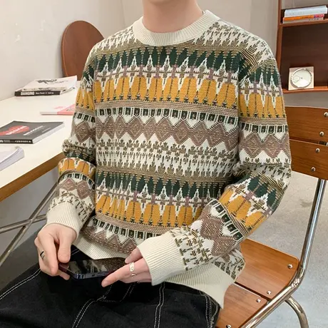 潮牌个性针织衫毛衣男秋冬季百搭圆领宽松保暖加厚TFBOY线衣潮流商品大图