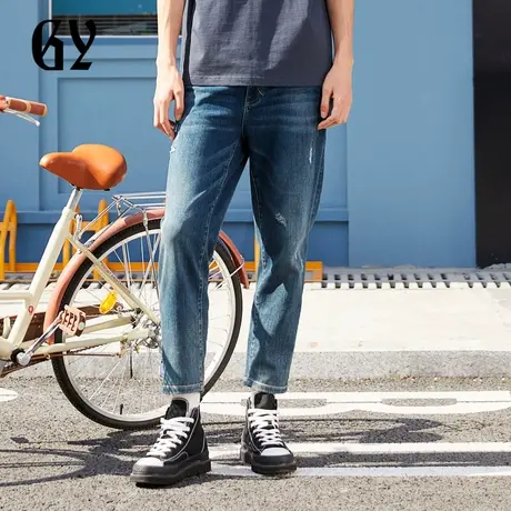 雅戈尔奥莱 GY男装夏牛仔面料局部磨破水洗男士牛仔裤图片
