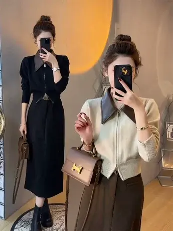 欧货高级感皮领子毛衣女秋冬拼接针织开衫双拉链慵懒风柔软外套潮商品大图