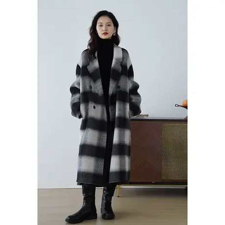 嘉茱莉2023秋冬新款羊毛大衣女中长款复古格纹呢子外套设计感小众商品大图