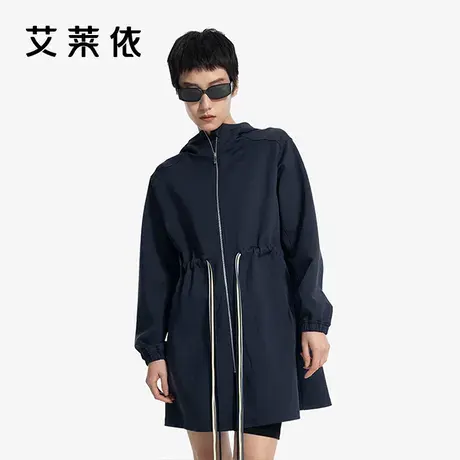 艾莱依早春风衣外套女韩系风格穿搭中长款休闲风连帽时尚收腰上衣图片