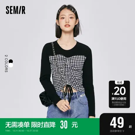 森马长袖T恤女短款拼接千鸟格小心机2022秋季新款时尚针织衫复古图片