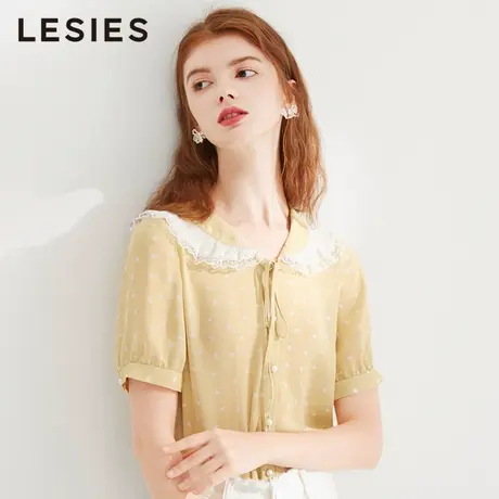 蓝色倾情春夏装新款女装浅黄色花边蕾丝翻领雪纺衫女短袖仙气上衣商品大图