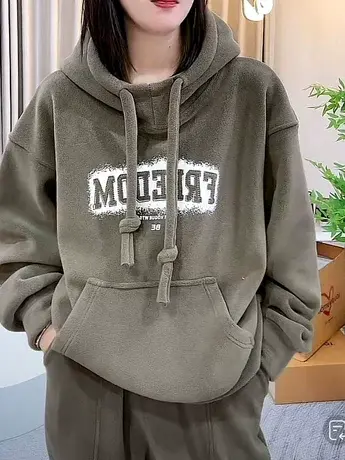 冬季加绒保暖双面奥利绒连帽卫衣女2023新款复古设计感气质上衣女图片