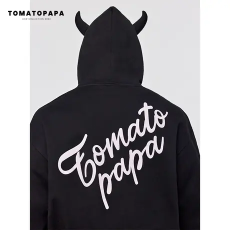 TOMATOPAPA加绒连帽卫衣宽松落肩趣味潮牌字母印花情侣学生套头衫商品大图