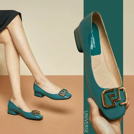 年新款浅口单鞋绿色皮鞋女品牌时尚方头真皮软底早春粗跟女鞋商品大图