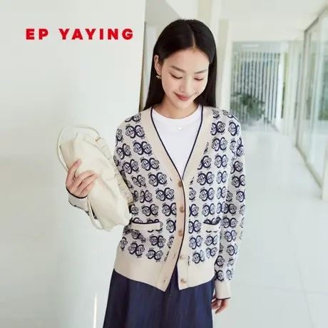 EP YAYING雅莹女装 羊毛提花v领直筒针织开衫 春装商场同款9123A图片