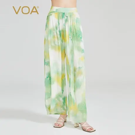 VOA青柠绿双层乔其纯桑蚕丝松紧腰轻盈飘逸减龄甜美印花真丝裙裤图片