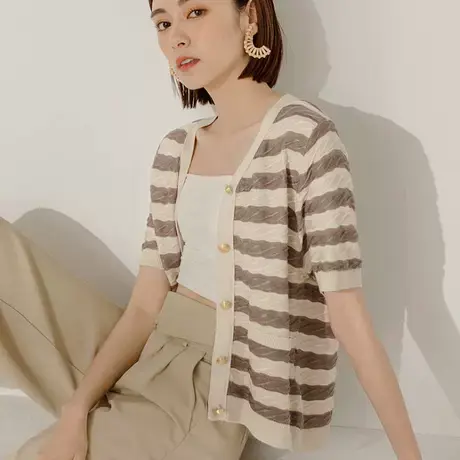 桔熊夏季休闲通勤V领条纹简约舒适针织衫小外套上衣女大码FA2736商品大图