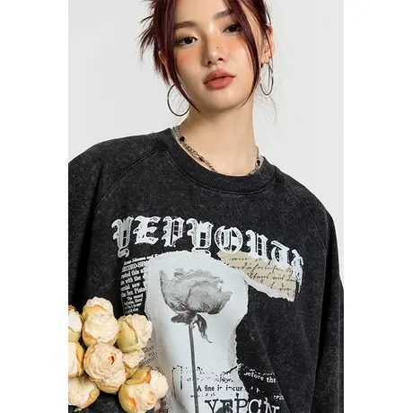 炒雪花圆领卫衣女2023新款宽松oversize潮牌美式复古印花无帽上衣商品大图