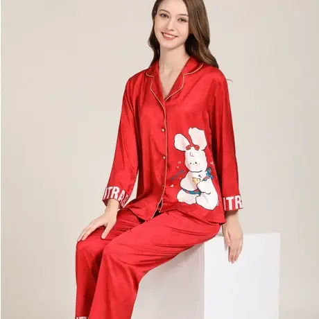 2024新款春夏秋冰丝薄款长袖长裤女士真丝睡衣套装丝绸大码家居服商品大图