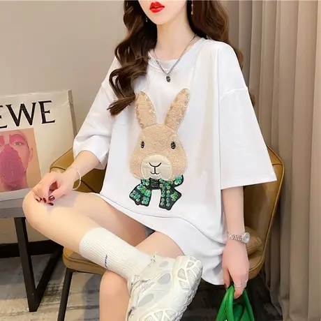 设计感小众ins短袖t恤女夏季韩版宽松大码女装中长款oversize上衣商品大图