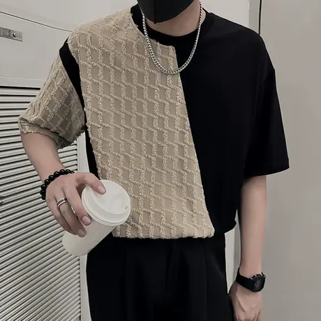 夏季男士t恤上衣短袖拼接半袖潮流潮牌小众休闲半截袖潮流INS体恤商品大图