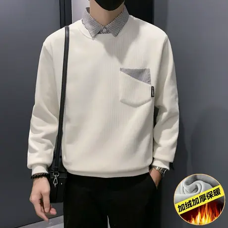 衬衫领加绒卫衣潮牌个性ins条纹拼接假两件轻熟风加厚打底衫上衣商品大图