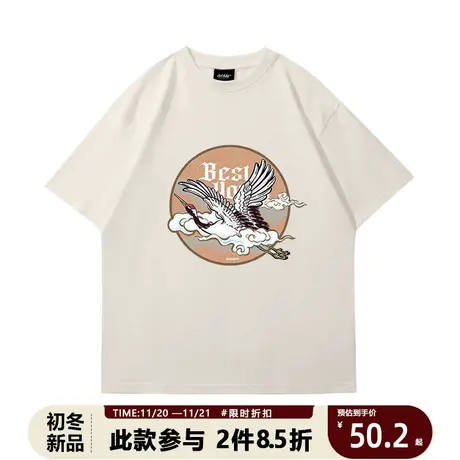 2023新品国潮潮牌原创设计卡通仙鹤T恤宽松大码短袖男女上衣商品大图