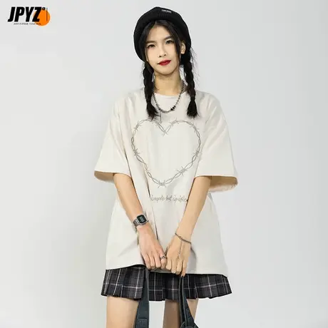 潮牌美式麂皮复古爱心短袖圆领T恤男女夏季宽松情侣款体恤衫上衣商品大图