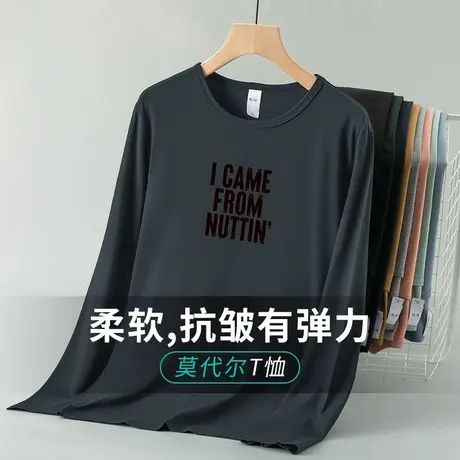 莫代尔t恤男士长袖潮流秋季小衫打底衫体恤圆领内搭秋衣简约百搭商品大图