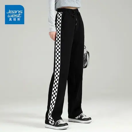 真维斯休闲运动裤女棋盘格拼接入秋穿搭2022新款显瘦遮肉ins辣妹商品大图
