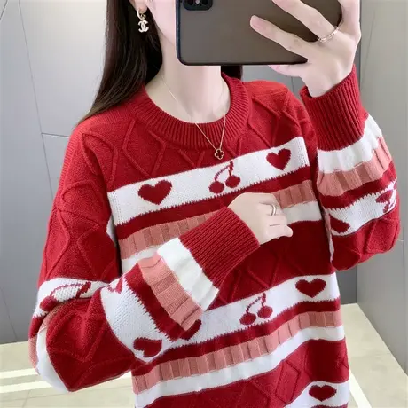 本命年时尚女装红色毛衣女秋冬宽松外穿新款慵懒洋气显瘦打底上衣图片