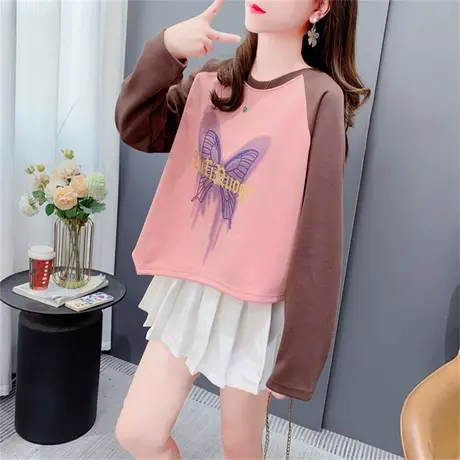 设计感不规则蝴蝶圆领卫衣女秋季2023新款宽松拼色短款小个子上衣商品大图