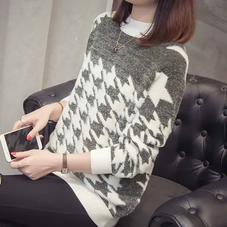 千鸟格短款针织上衣仿水貂绒毛衣秋冬季新款套头针织衫外穿洋气商品大图