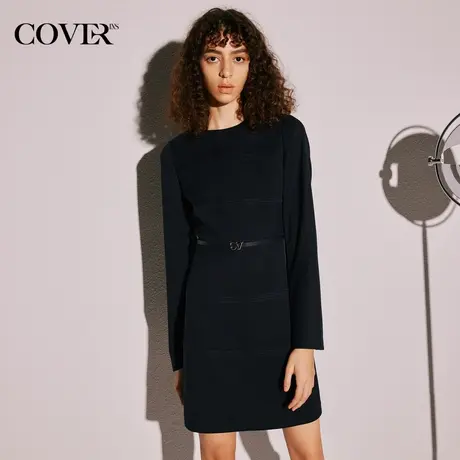 COVER冬季压线工艺收腰长袖连衣裙图片