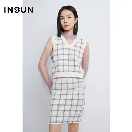 恩裳春季假两件紫色网纱拼接感格纹毛织衫商品大图