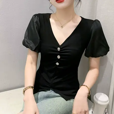 气质V领泡泡袖T恤女夏装2024新款时尚修身小衫短袖设计感网红上衣商品大图