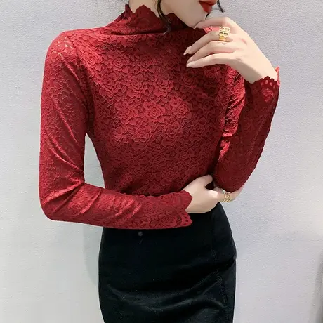 欧货半高领蕾丝打底衫女士春秋2024新款洋气百搭修身上衣花边长袖商品大图