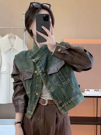 港风牛仔外套女pu皮拼接夹克2023秋新款不规则设计感皮衣短款上衣商品大图