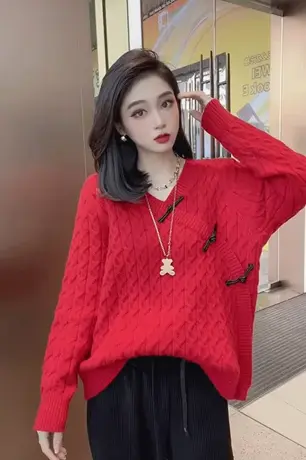 2023春季新款中国风盘扣毛衣女复古中式红色爆款V领针织衫上衣潮图片