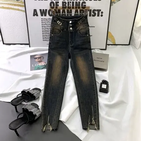 时尚字母高腰牛仔小脚裤女2023秋季新款辣妹弹力提臀九分铅笔裤潮商品大图
