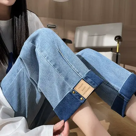 高腰阔腿牛仔裤女春秋2024年新款宽松直筒显瘦翻边bf老爹男友裤子商品大图