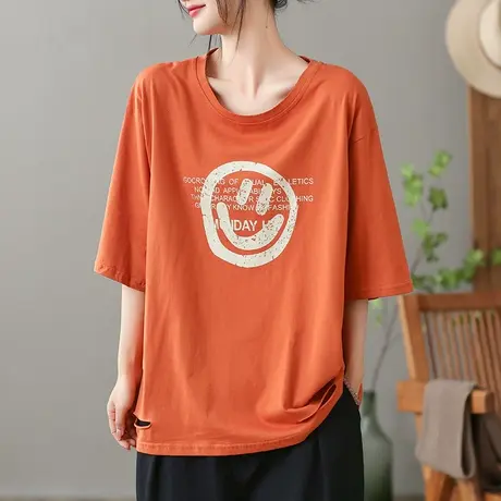 dza复古纯棉短袖T恤女2023夏季薄款笑脸打底体恤宽松显瘦套头上衣商品大图