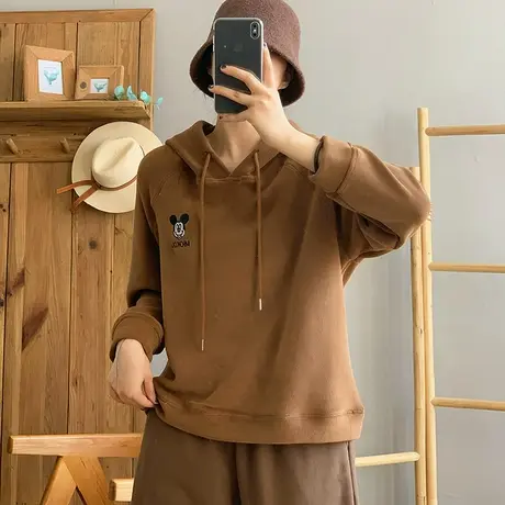 dza 复古短款宽松摇粒绒连帽卫衣女士冬新款休闲加厚加绒内搭上衣商品大图