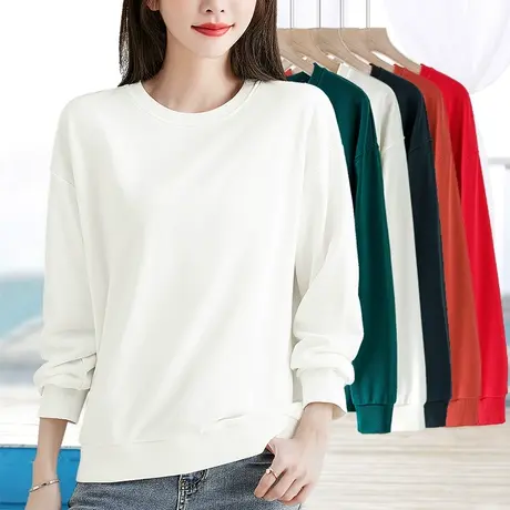 米白色中年女士卫衣2024新款春秋薄款宽松圆领上衣简约休闲打底衫商品大图