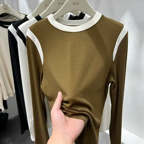 欧货设计感拼色柔软长袖T恤女2022秋冬新款洋气内搭打底衫上衣服商品大图