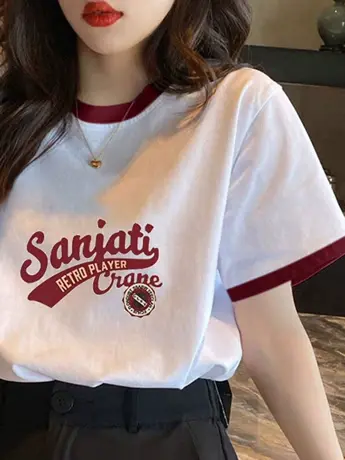 仿棉短袖t恤女夏季2023新款小众设计感复古港味chic女装正肩上衣图片