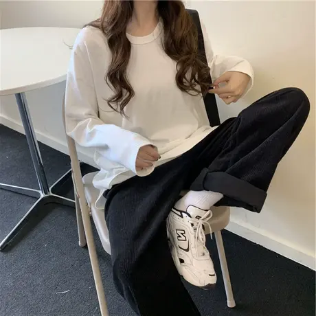 港风长袖t恤女春秋内搭打底衫韩版宽松百搭慵懒风中长款ins上衣潮图片