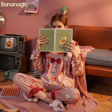 Bananagirl睡衣女春秋长袖纯棉可爱卡通女士大码胖mm圆领家居服女商品大图