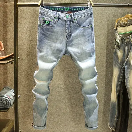 简约潮牌印花牛仔裤男款潮流百搭修身小脚裤高端设计感烫印长裤子商品大图