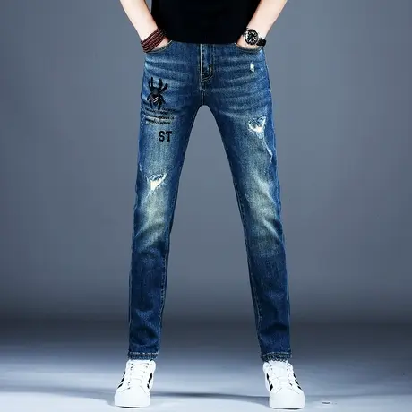 2023男士新款牛仔裤男经典蓝色修身破洞烫钻小脚裤子秋冬潮流百搭图片