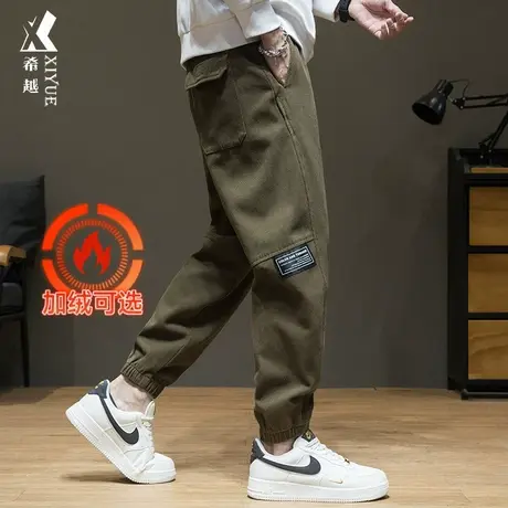 希越2024春秋新款加绒休闲裤男棕色纯棉九分裤宽松大码胖子运动裤商品大图