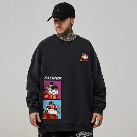 重磅美式复古做旧嘻哈大码卫衣男纯棉高街圆领加绒秋冬季胖子男款商品大图