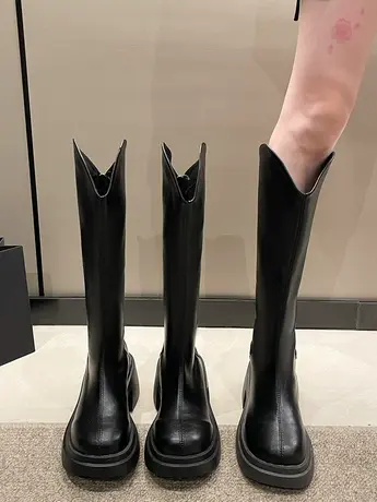 高筒长筒骑士靴女厚底靴子2023新款秋冬不过膝粗腿胖mm大筒围长靴商品大图