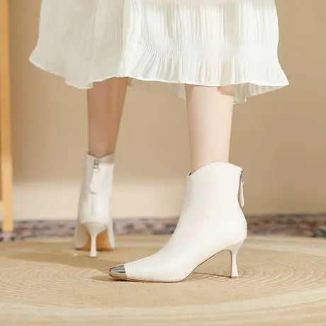 高跟小短靴女2024冬季新款加绒尖头时装靴性感细跟百搭裸靴马丁靴图片