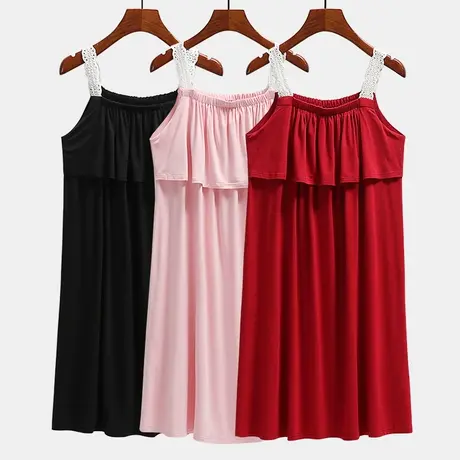 胸前双层荷叶边遮胸睡裙宽肩带莫代尔可外穿无袖睡衣商品大图