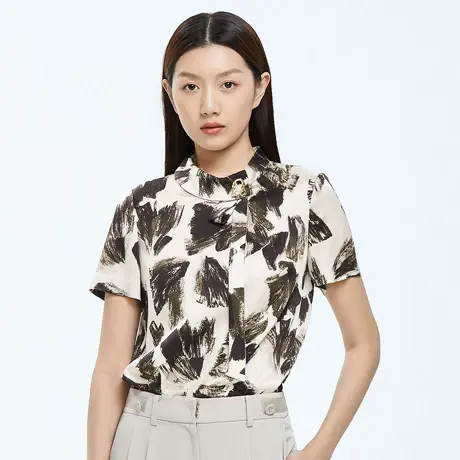 朗姿夏季半高领桑蚕丝通勤气质女式衬衫奥莱商品大图