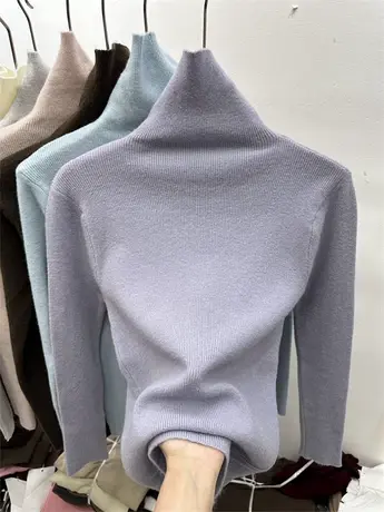 高领软糯纯色针织衫加厚毛衣女2023新款秋冬季修身上衣内搭打底衫商品大图